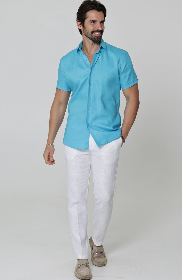 Bradford Short Sleeve Linen Wedding Shirt in Malibu w/ White Verona Italian Linen Pants