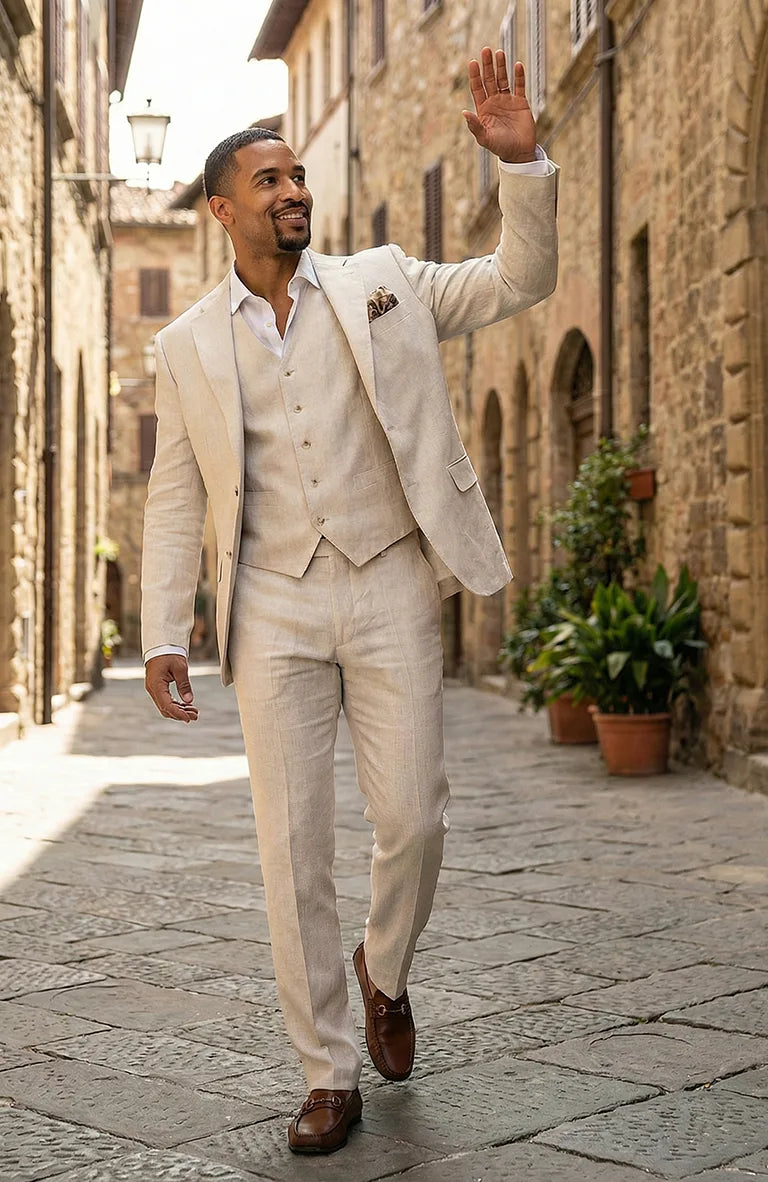 Natural Monte Carlo Linen Suit Jacket, w/ Natural Verona Pants and Bradford Shirt
