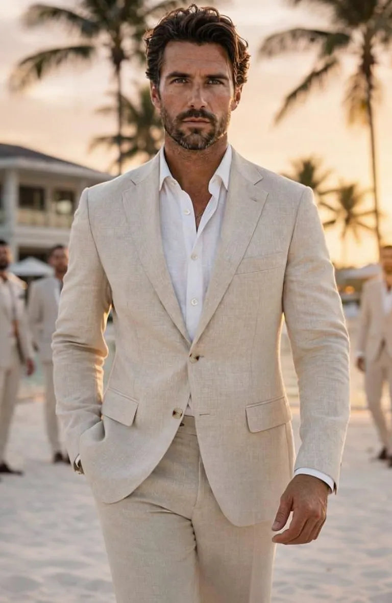 Natural Monte Carlo Linen Suit Jacket, w/ Natural Verona Pants and Bradford Linen Shirt