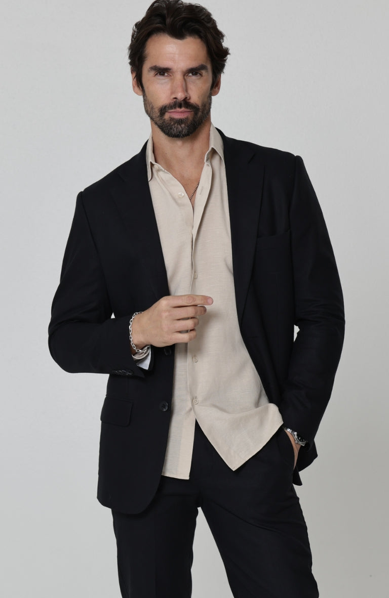 Black Monte Carlo Linen Suit Jacket, w/ Black Verona Pants and Ecru Beckford Italian Linen Shirt