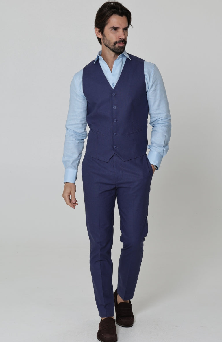 Monaco Men’s Linen Summer Vest Soft Navy with Verona Italian Linen Pants in Soft Navy and Ice Blue Bradford