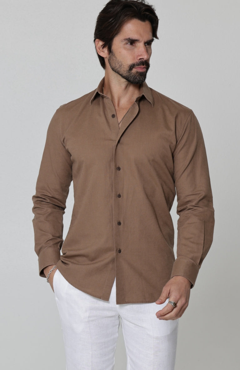 Beckford Men’s Vacation Linen Shirts in Carob with Verona Italian Linen Pants in 
