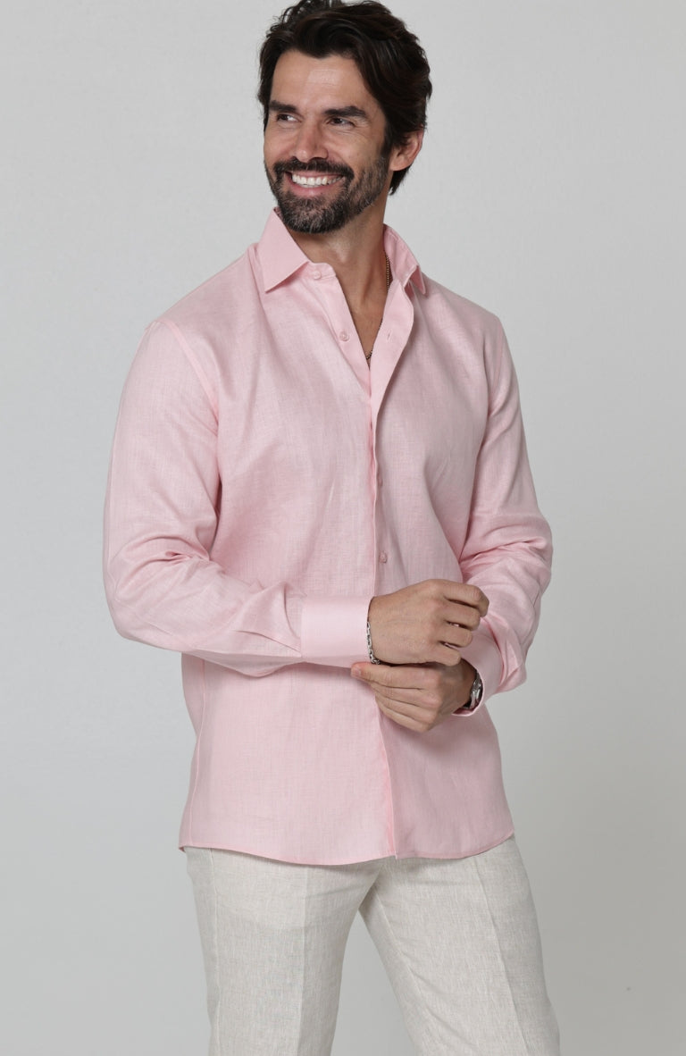 Bradford - Men's Fitted Pink Linen Long Sleeve Shirt w/  Verona Pants