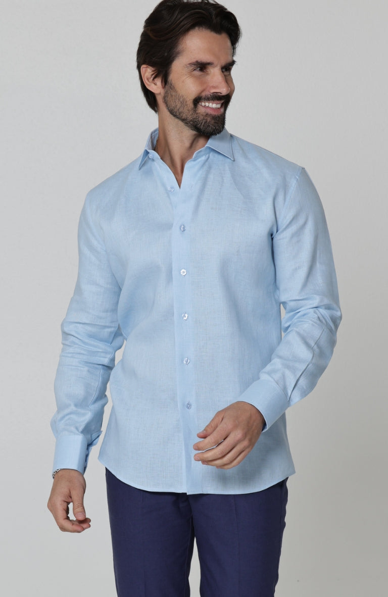 Bradford Linen Wedding Shirt in Ice Blue
