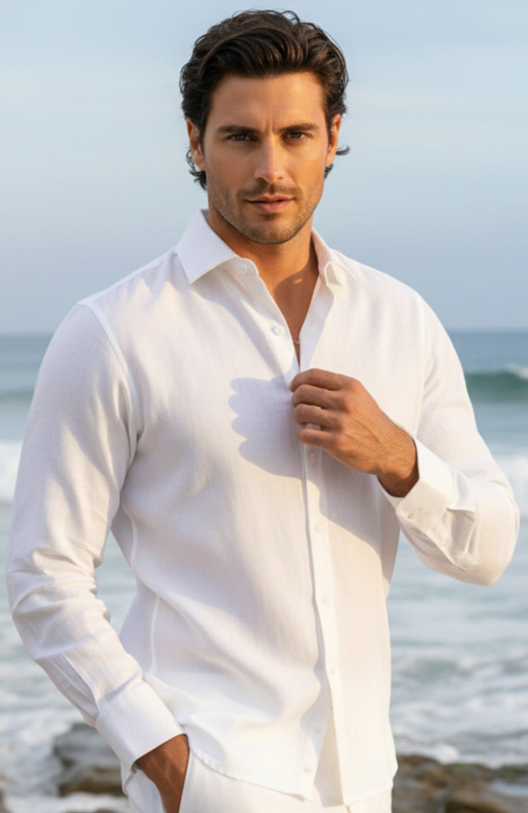 White Bradford Italian Linen  Wedding Shirt, White  Pants