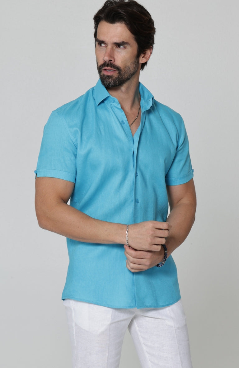 Bradford Short Sleeve Linen Wedding Shirt in Malibu (ocean) w/ Verona Italian Linen Pants