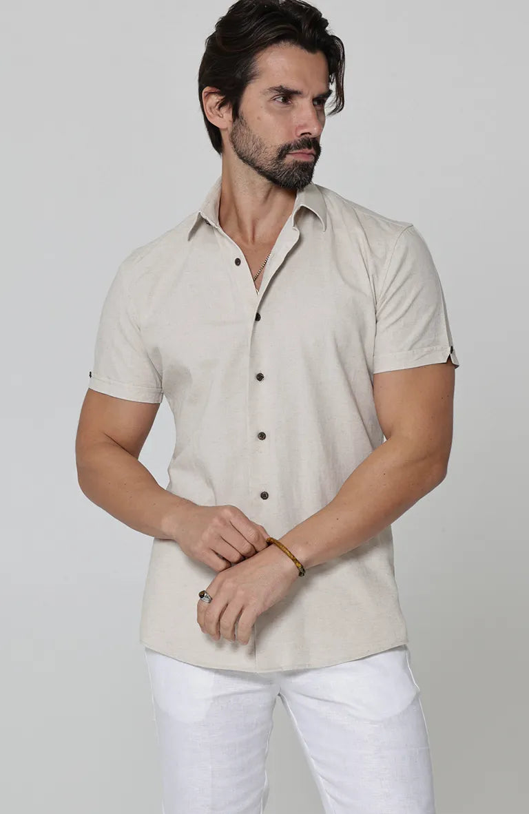 Beckford Italian Linen Shirt in Natural and Coconut Buttons, Verona Pants