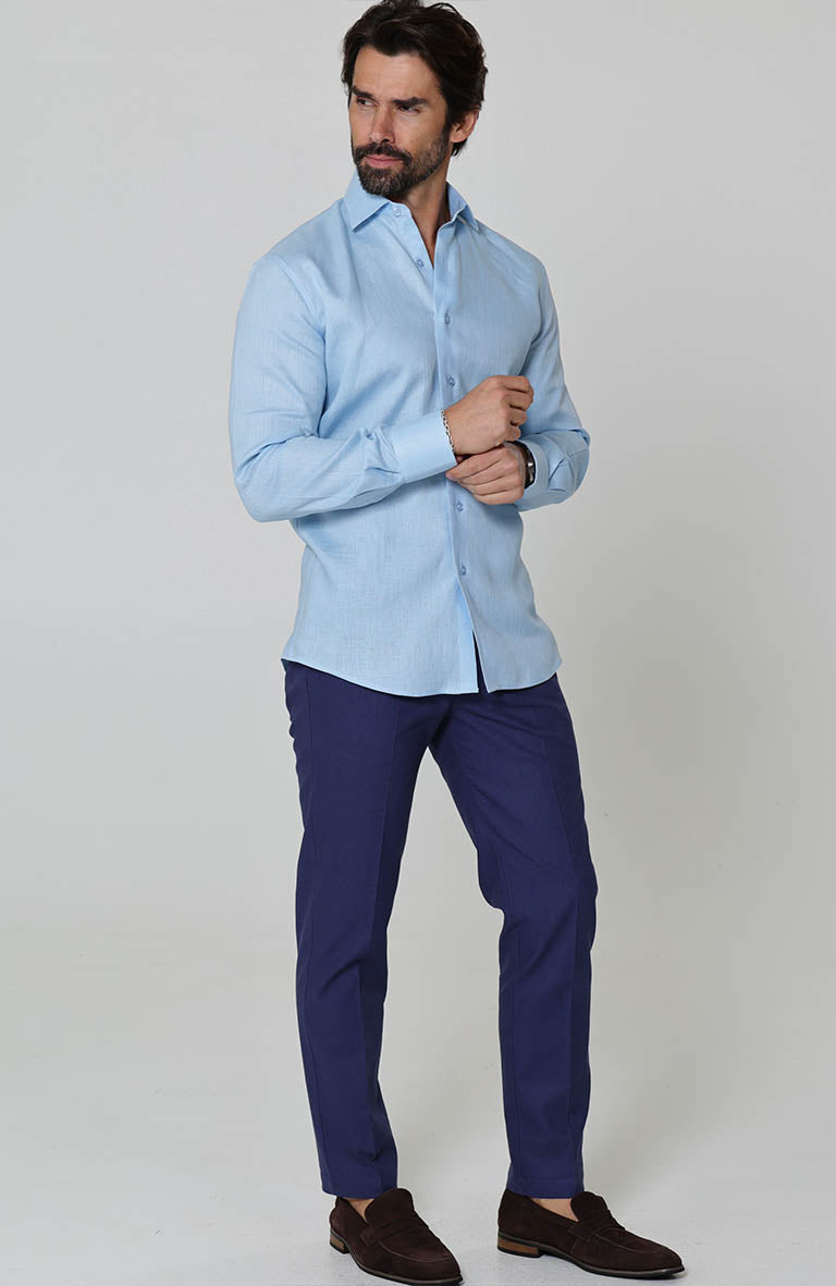 Bradford Linen Shirt in Ice Blue and Navy Verona Pants