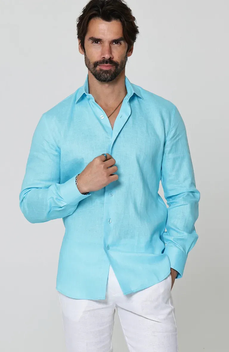 Beach Wedding Attire for Men Bradford Linen Shirt in Pool and White Verona Pants