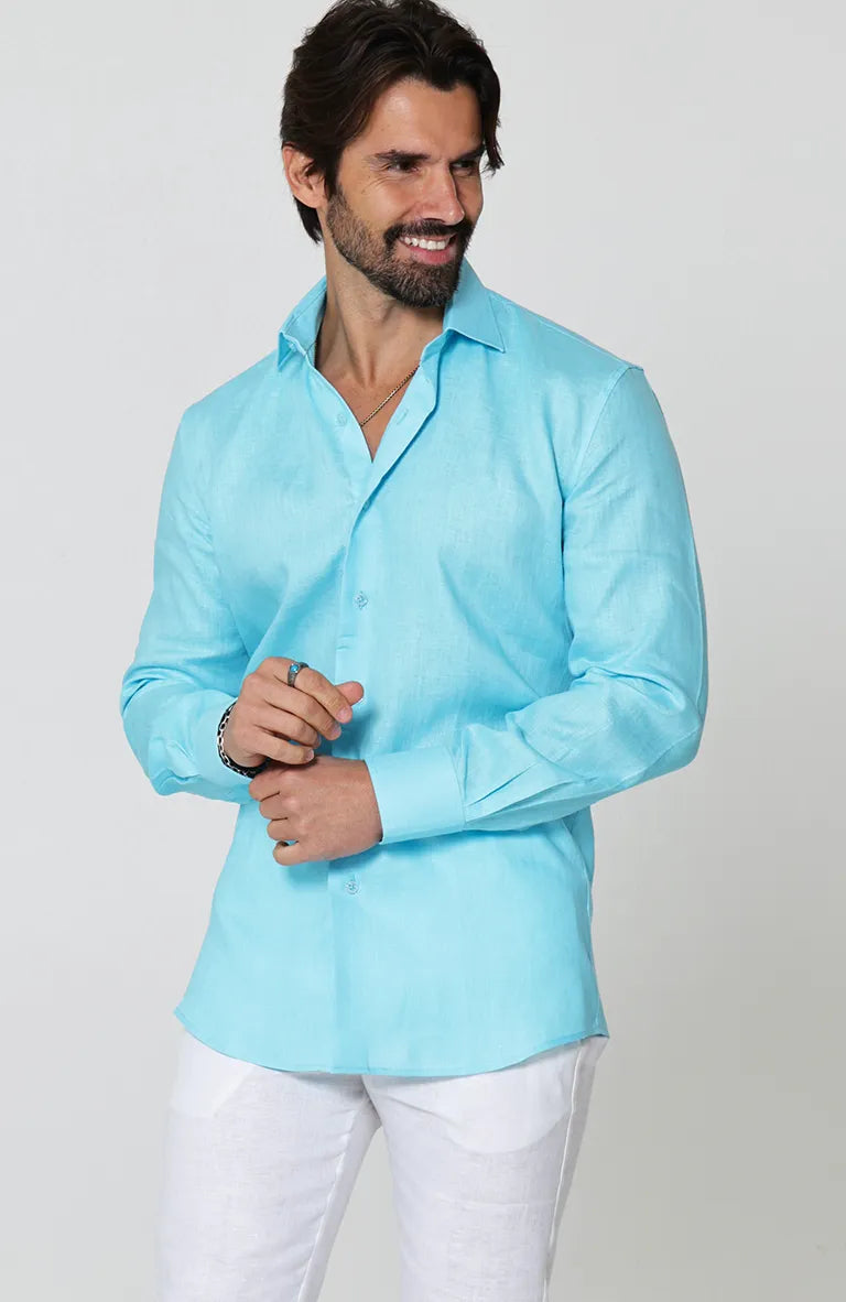 Beach Wedding Attire for Men Bradford Linen Shirt in Pool and White Verona Pants