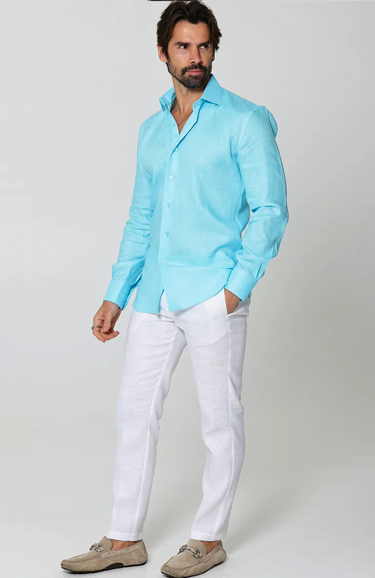 Beach Wedding Attire for Men Bradford Linen Shirt in Pool and White Verona Pants