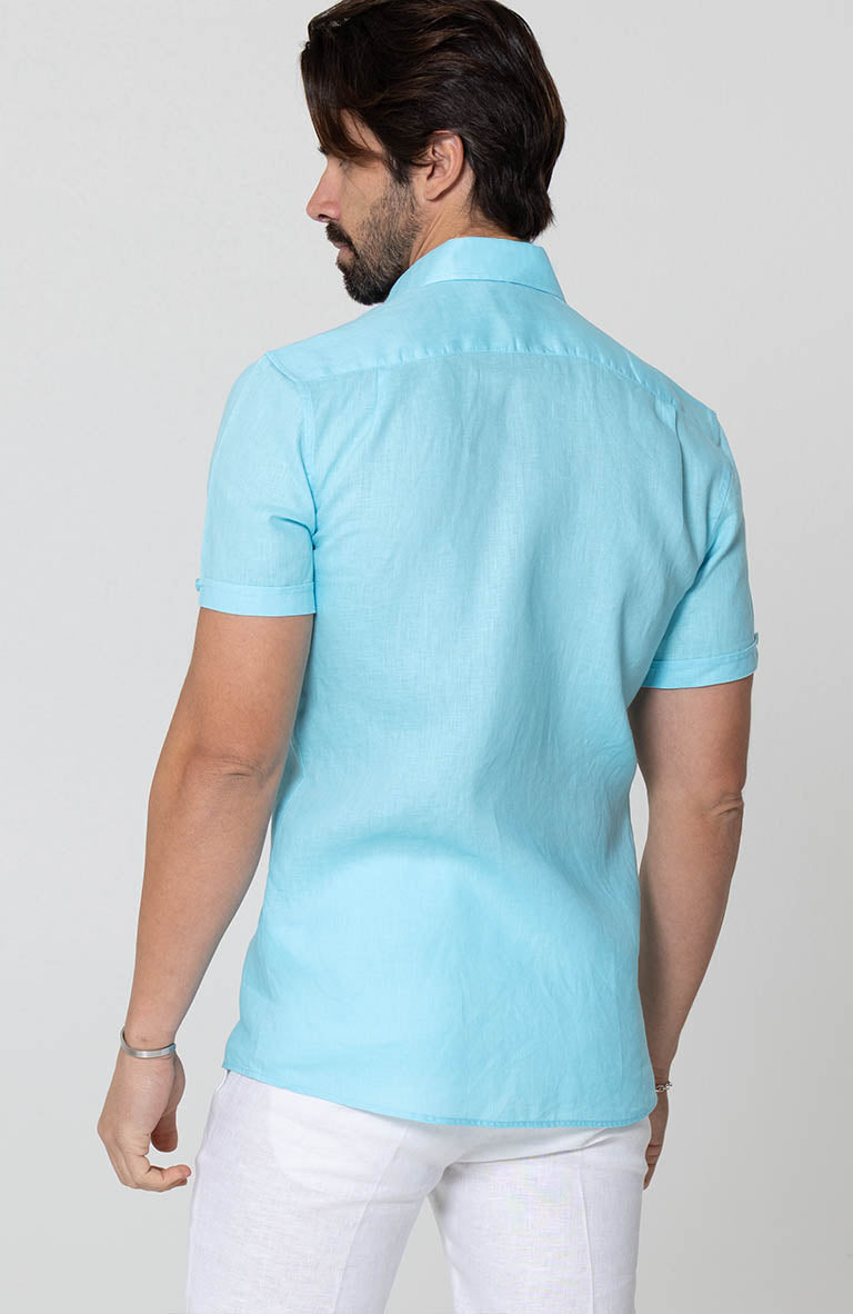 Beach Wedding Attire for Men's Bradford Linen Short Sleeve Shirt in Pool White Verona Pants