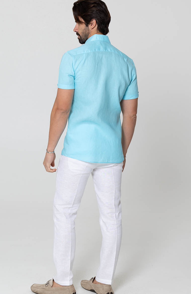 Beach Wedding Attire for Men's Bradford Linen Short Sleeve Shirt in Pool White Verona Pants