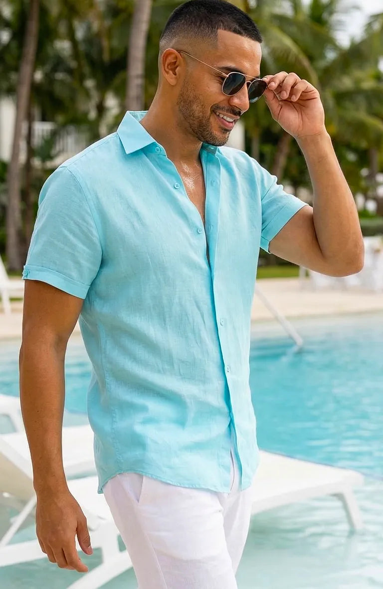 Beach Wedding Attire for Men's Bradford Linen Short Sleeve Shirt in Pool White Verona Pants