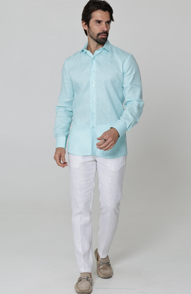 Bradford Linen Wedding Shirt in Spa, White Verona Pants