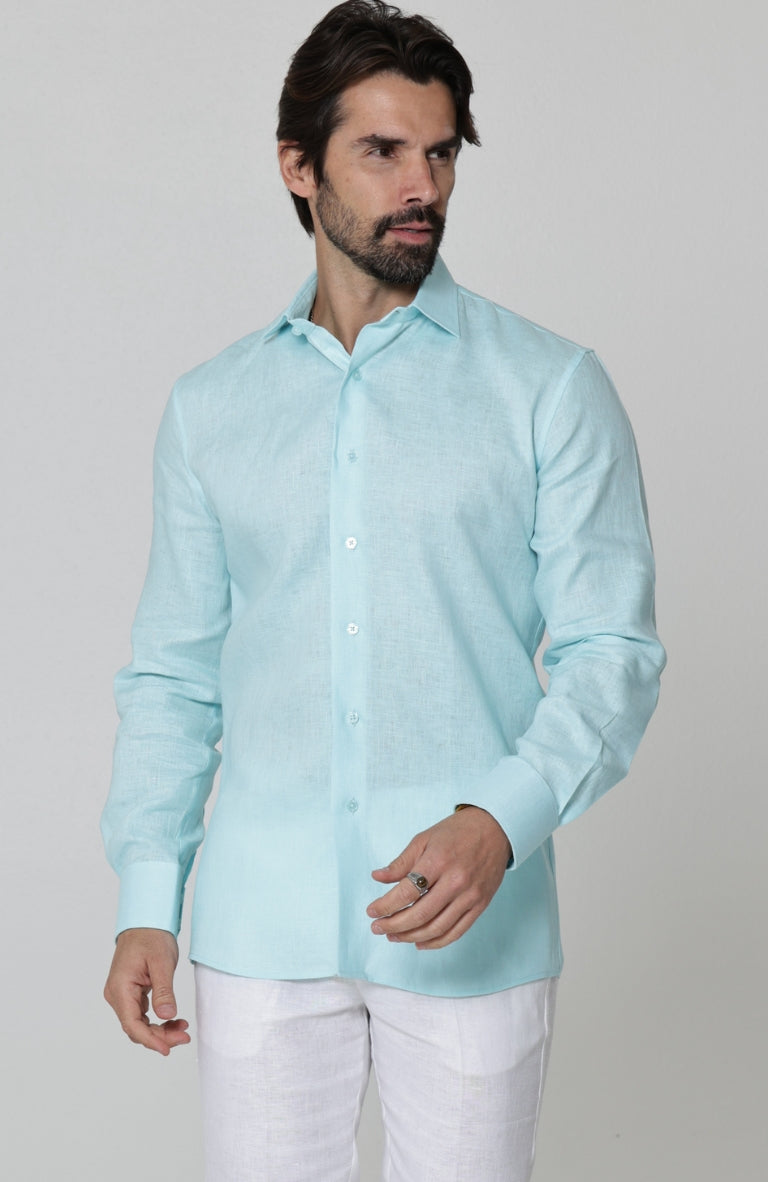 Bradford Linen Wedding Shirt in Spa, White Pants