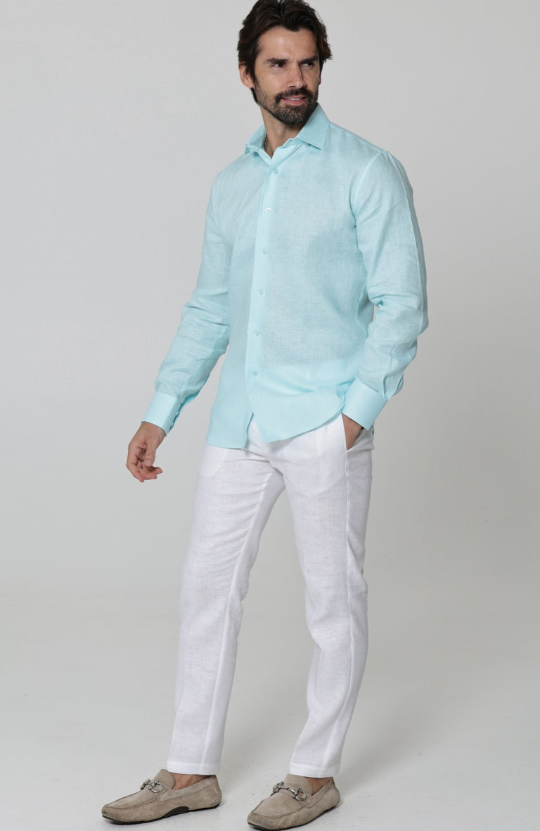 Bradford Linen Wedding Shirt in Spa, White Pants