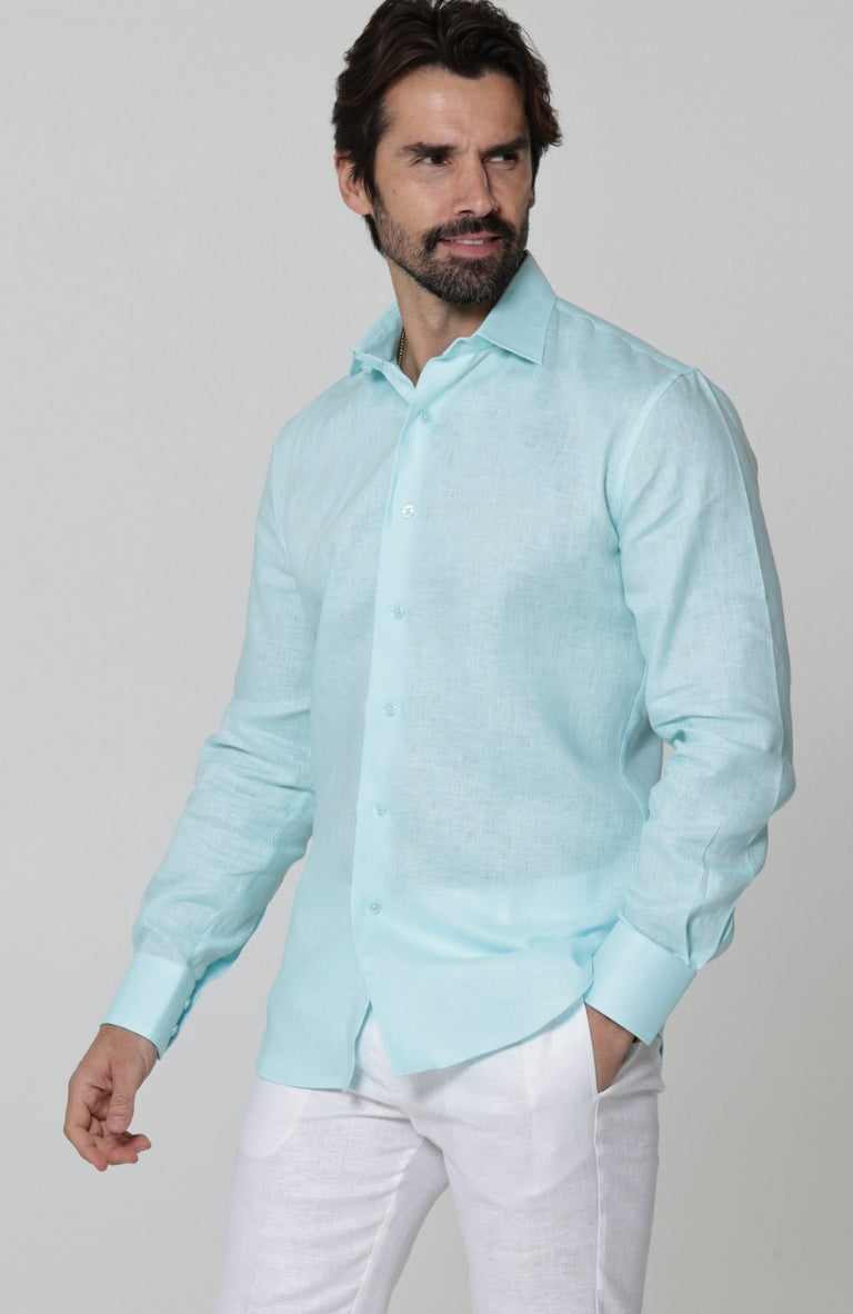 Bradford Linen Wedding Shirt in Spa, White Pants