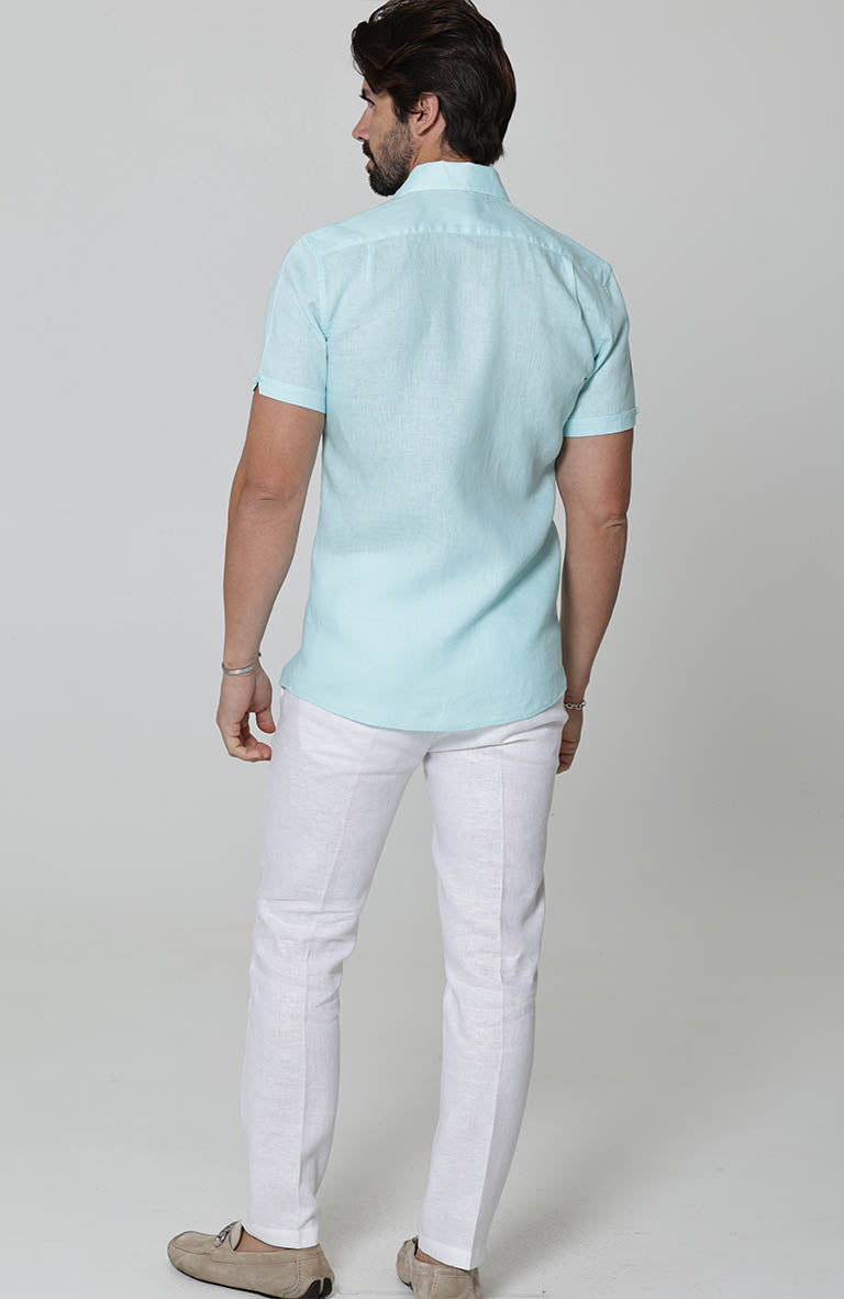 Beach Wedding Attire for Men's Bradford Linen Short Sleeve Shirt in Spa White Verona Pants