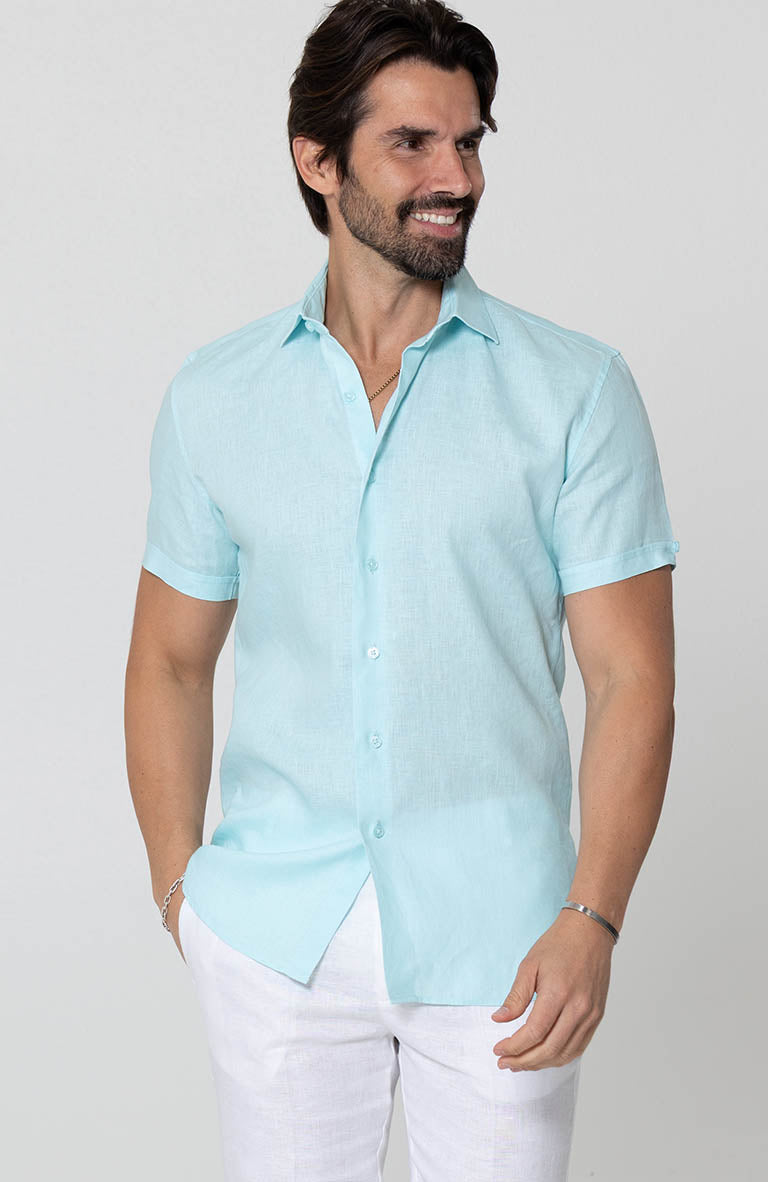 Beach Wedding Attire for Men's Bradford Linen Short Sleeve Shirt in Spa White Verona Pants