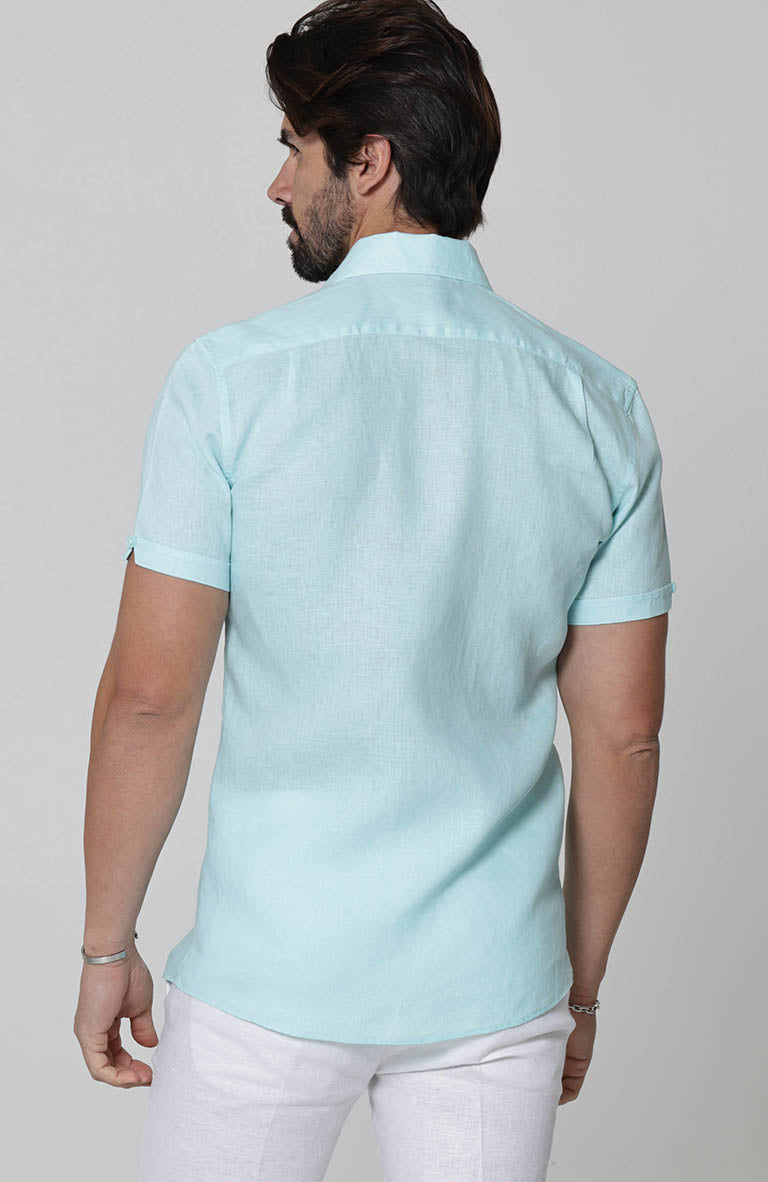 Beach Wedding Attire for Men's Bradford Linen Short Sleeve Shirt in Spa White Verona Pants