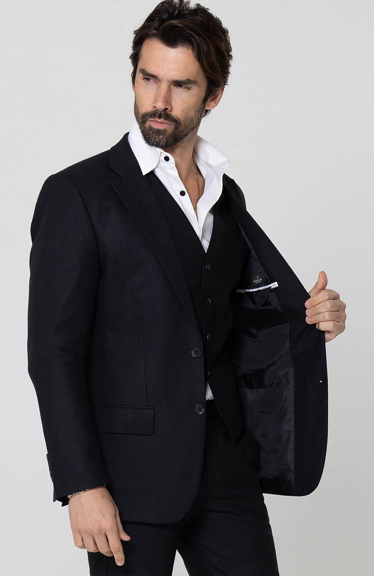 Black Monte Carlo Linen Suit Jacket, w/ Black Verona Pants and White Bradford Linen Groom Shirt