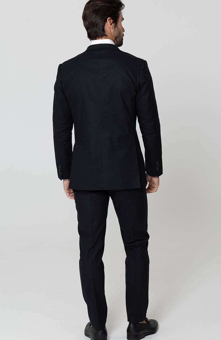 Black Monte Carlo Linen Suit Jacket, w/ Black Verona Pants and White Bradford Linen Groom Shirt