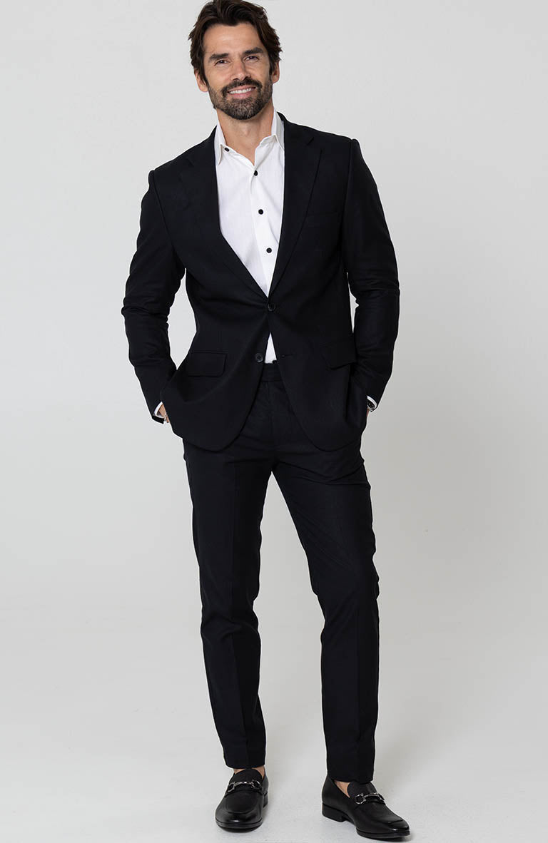 Black Monte Carlo Linen Suit Jacket, w/ Black Verona Pants and White Bradford Linen Groom Shirt