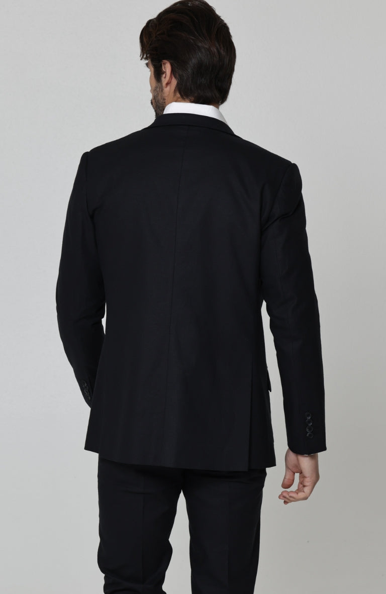 Black Monte Carlo Linen Suit Jacket, w/ Black Verona Pants and Ecru Beckford Italian Linen Shirt