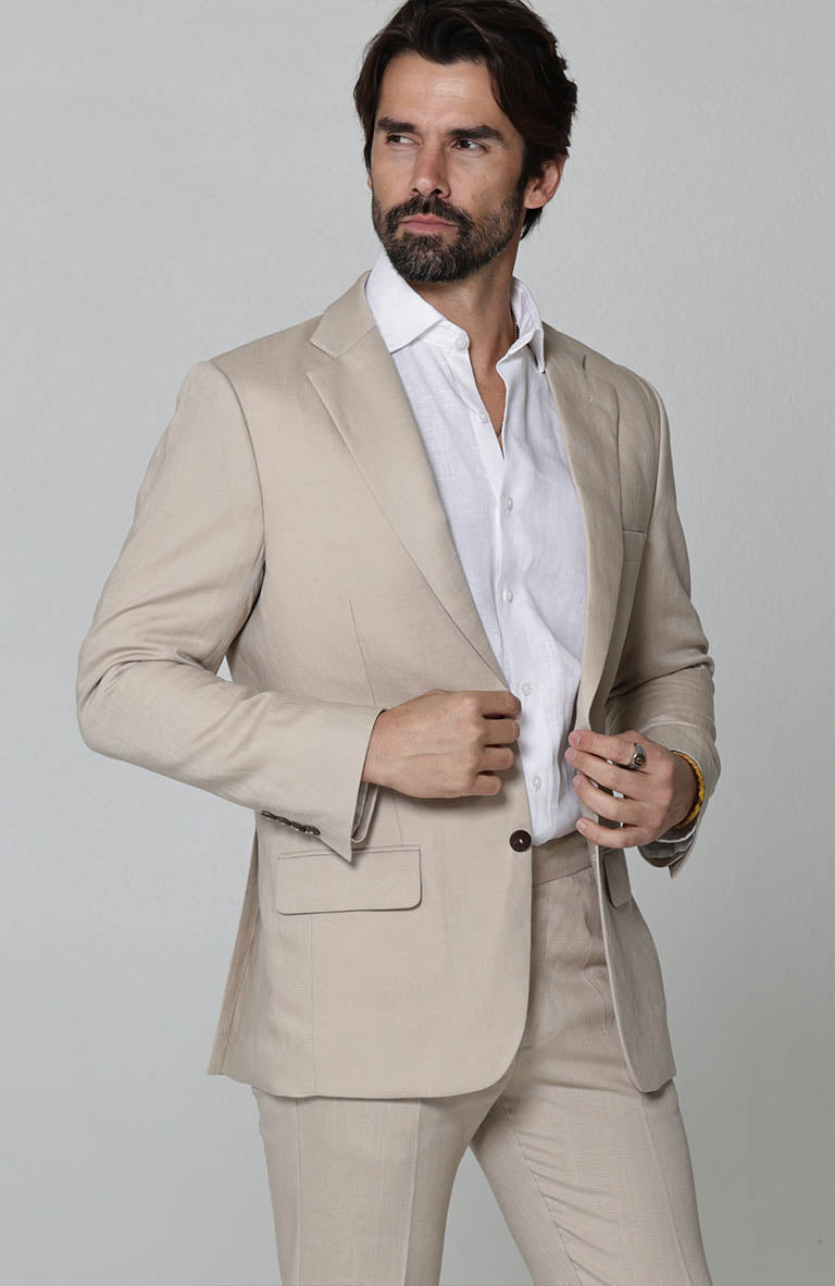 Monte Carlo Summer Linen Suit Jacket in Latte with Verona Italian Linen Pants in Latte