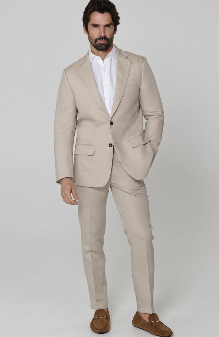 Monte Carlo Summer Linen Suit Jacket in Latte with Verona Italian Linen Pants in Latte