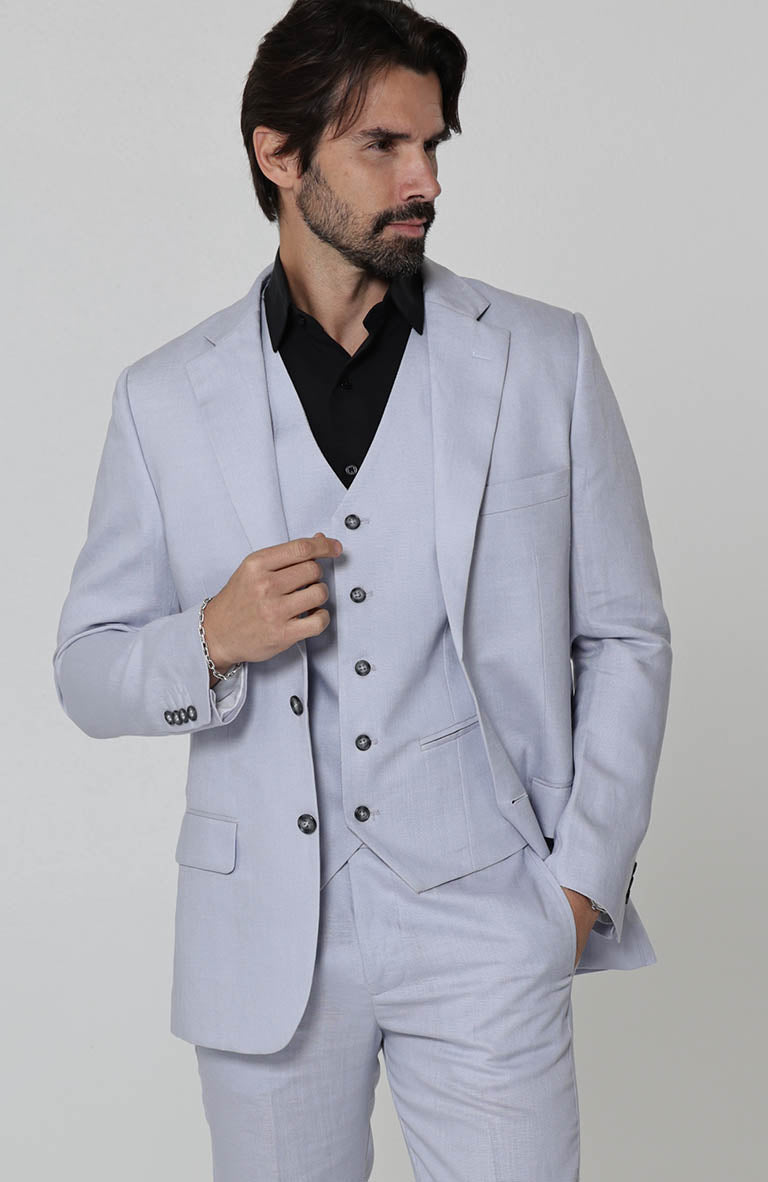 Silver Blue Monte Carlo Linen Blazer w/ Matching Verona Linen Pants and Black Beckford Shirt