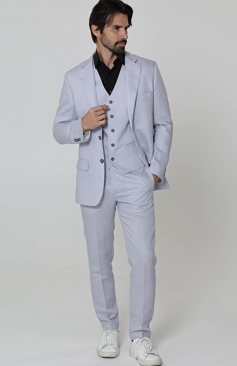 Silver Blue Monte Carlo Linen Blazer w/ Matching Verona Linen Pants and Black Beckford Shirt