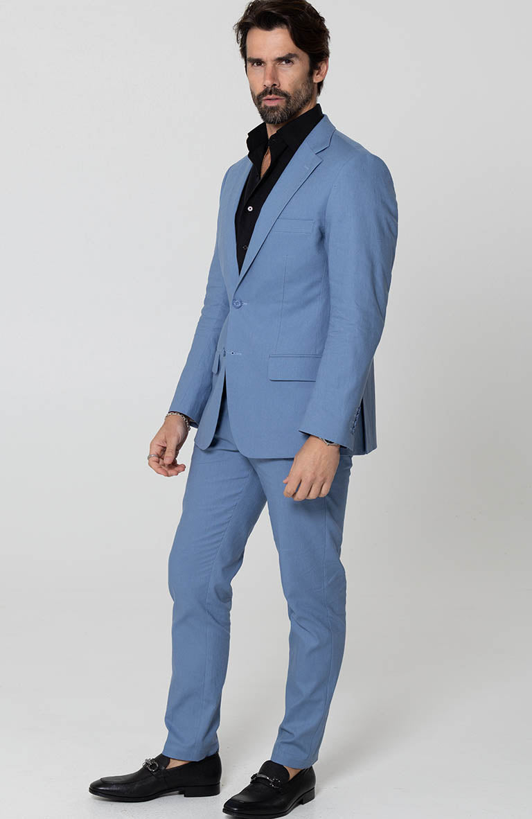 Monte Carlo Italian Linen Suit Heritage Blue w/ Heritage Blue Verona Pants and Black Beckford Shirt