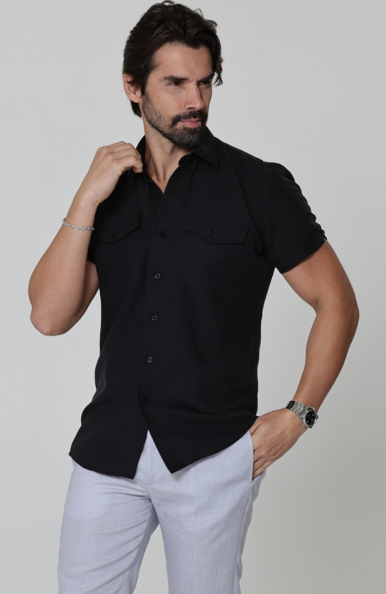 Beckford Breathable Linen Shirts Black with Italian Linen Pants in Blue Silver Short