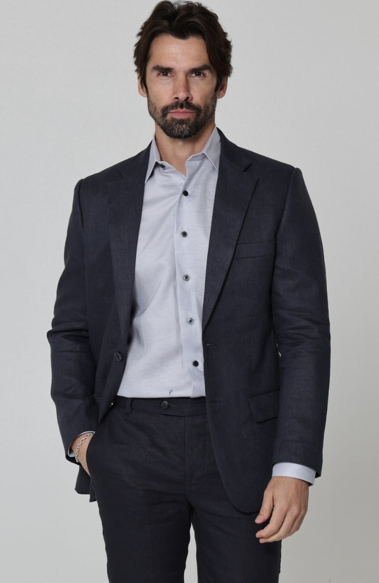 Dark Gray/Charcoal Monte Carlo Linen Suit Jacket, w/Dark Gray Charcoal Verona Pants and Bradford Italian Linen Shirt
