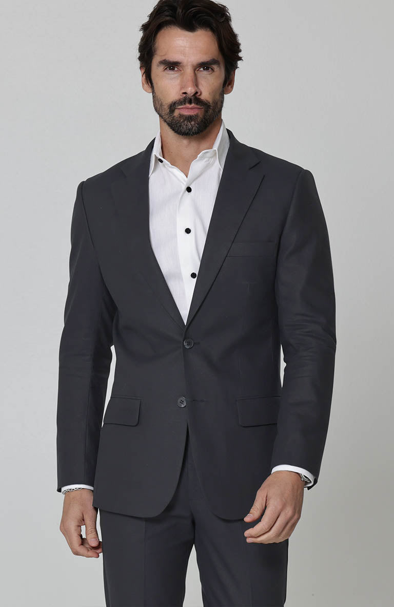 Charcoal Monte Carlo Linen Suit Jacket, w/ Charcoal Verona Pants and Beckford Linen Groom Shirt