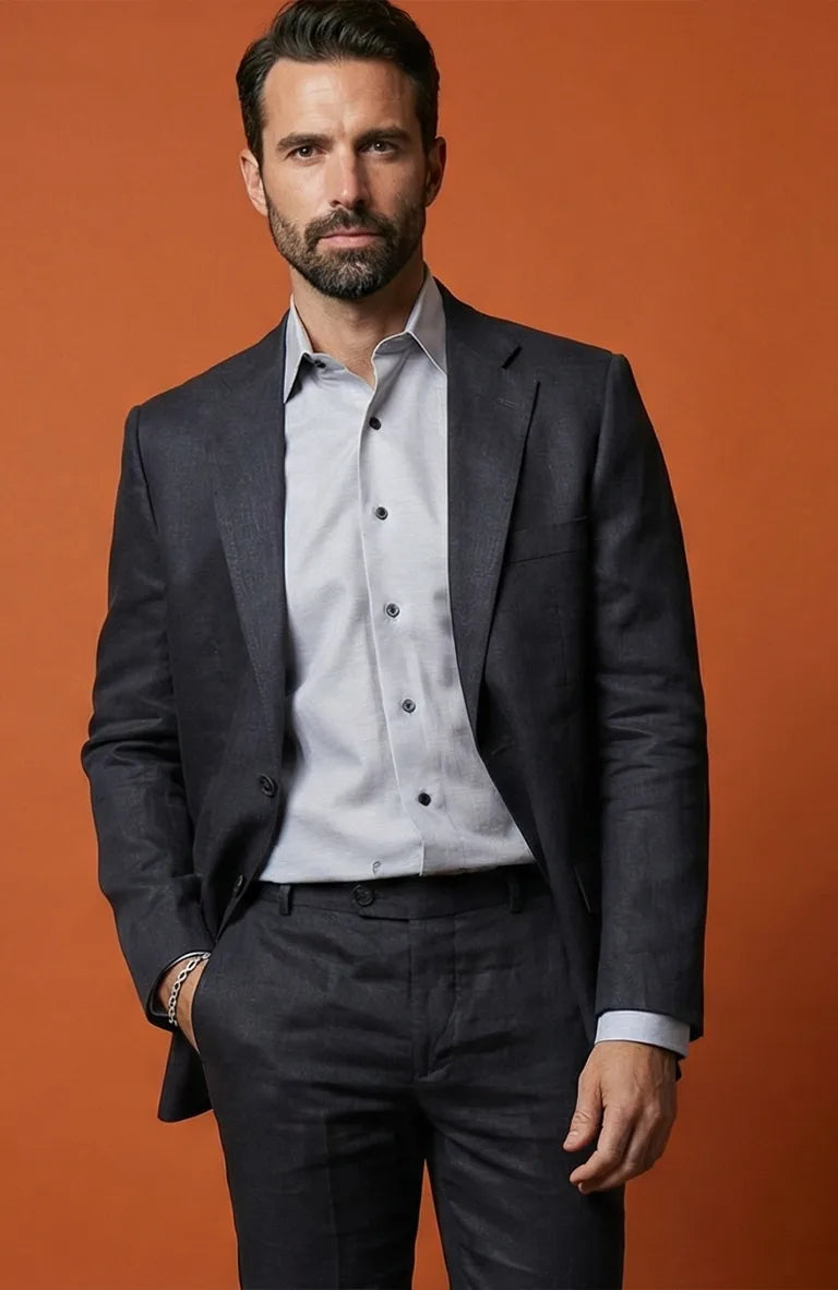 Dark Gray/Charcoal Monte Carlo Linen Suit Jacket, w/Dark Gray Charcoal Verona Pants and Bradford Italian Linen Shirt black