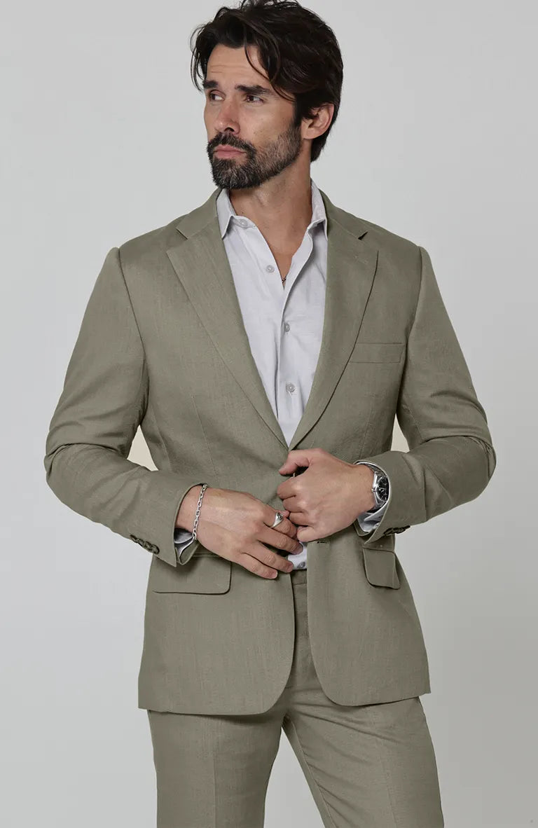 Monte Carlo in Olive with Olive Verona Pants Olive Monaco Vest, and Blue silver Beckford Shirt