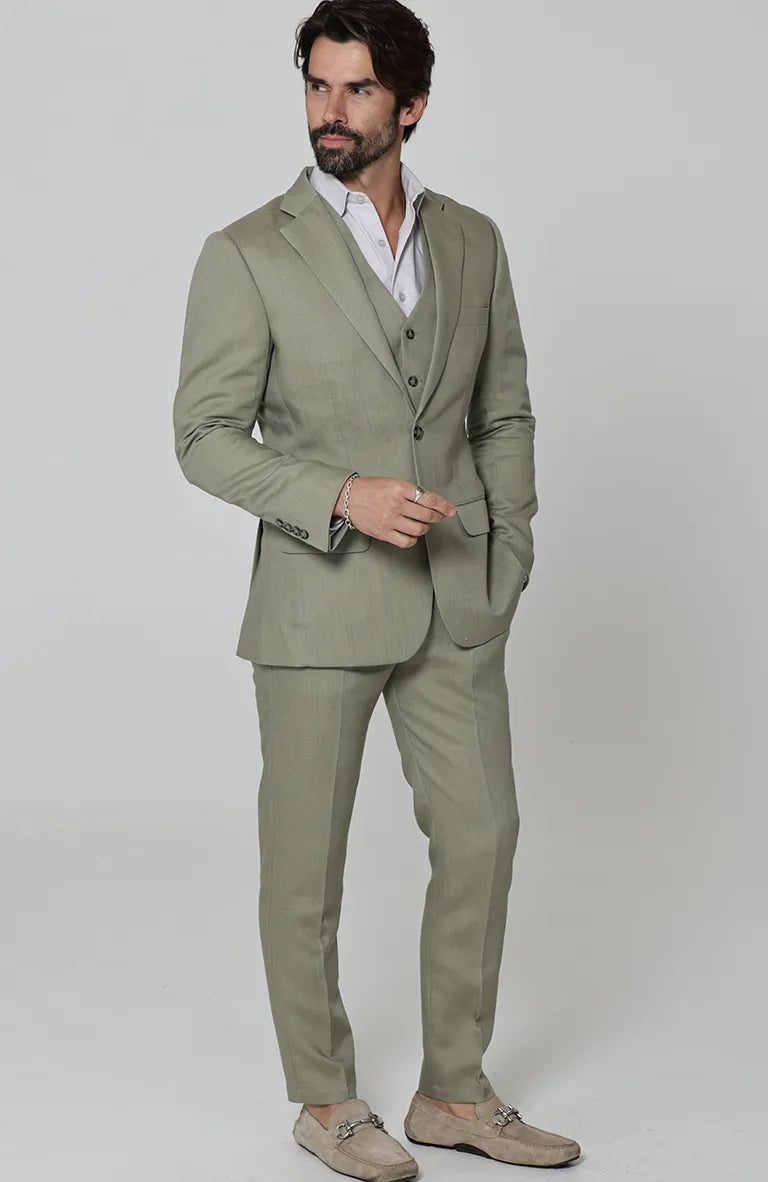 Monte Carlo Summer Linen Suit Sage with Sage Monaco Vest, and Verona Italian Linen Pants in Sage