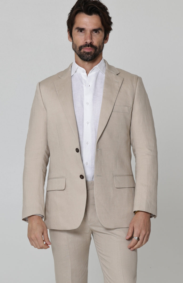 Monte Carlo Summer Linen Suit Jacket in Latte with Verona Italian Linen Pants in Latte