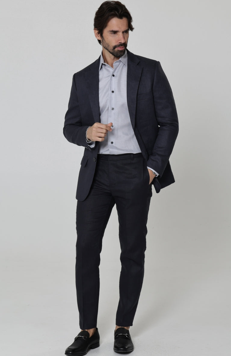 Dark Gray/Charcoal Monte Carlo Linen Suit Jacket, w/Dark Gray Charcoal Verona Pants and Bradford Italian Linen Shirt
