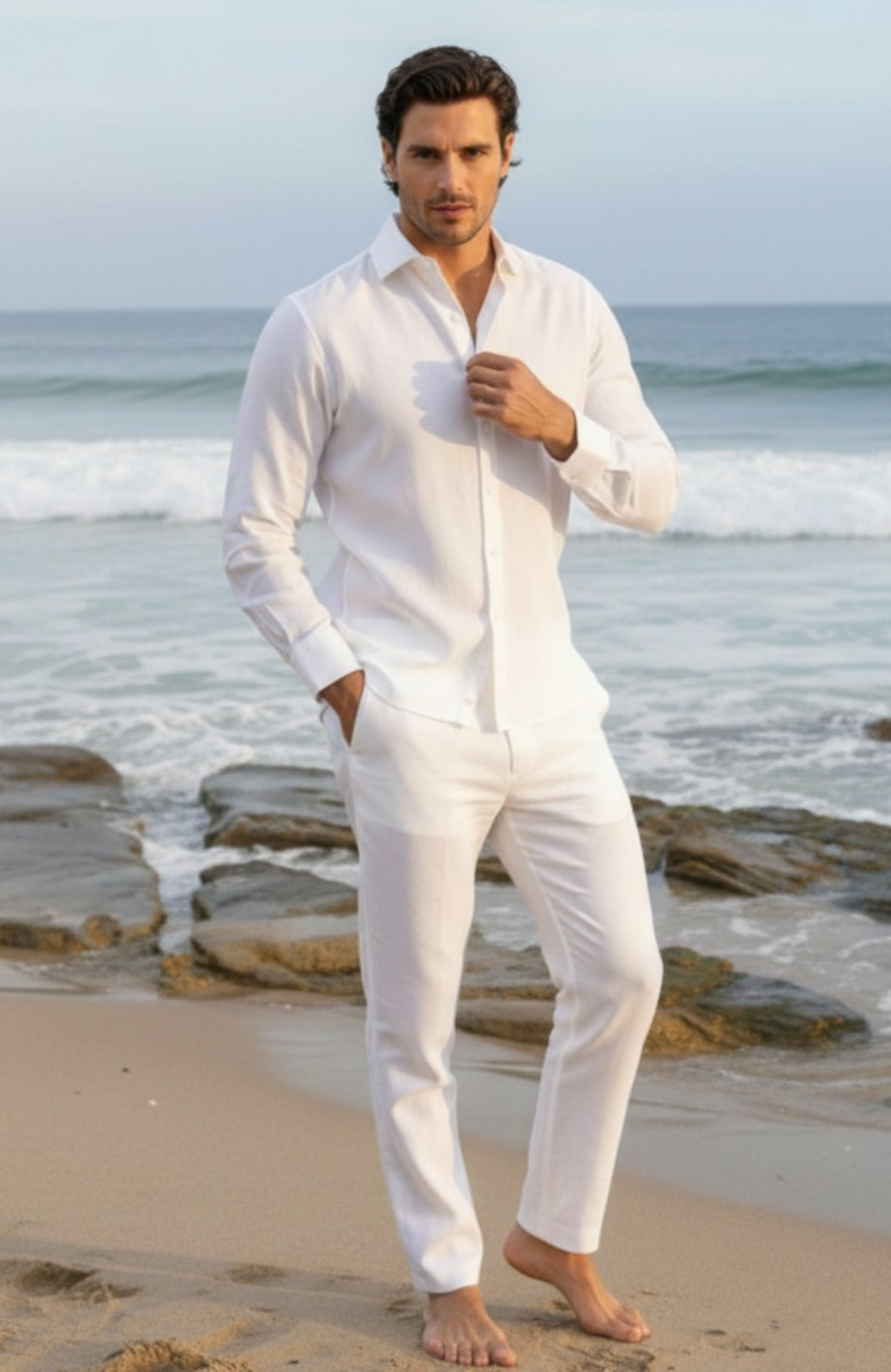 White Bradford Italian Linen Beach Wedding Shirt, White Verona Pants