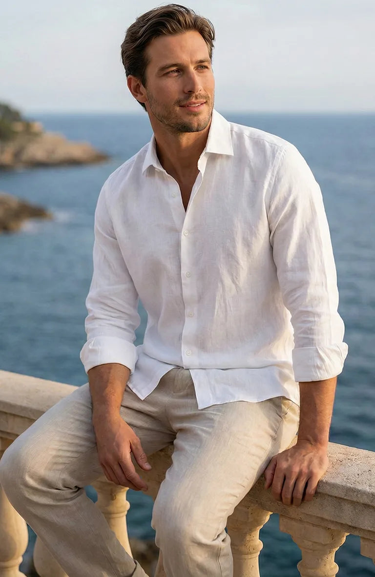 White Bradford Italian Linen Beach Wedding Shirt, Natural Verona Pants