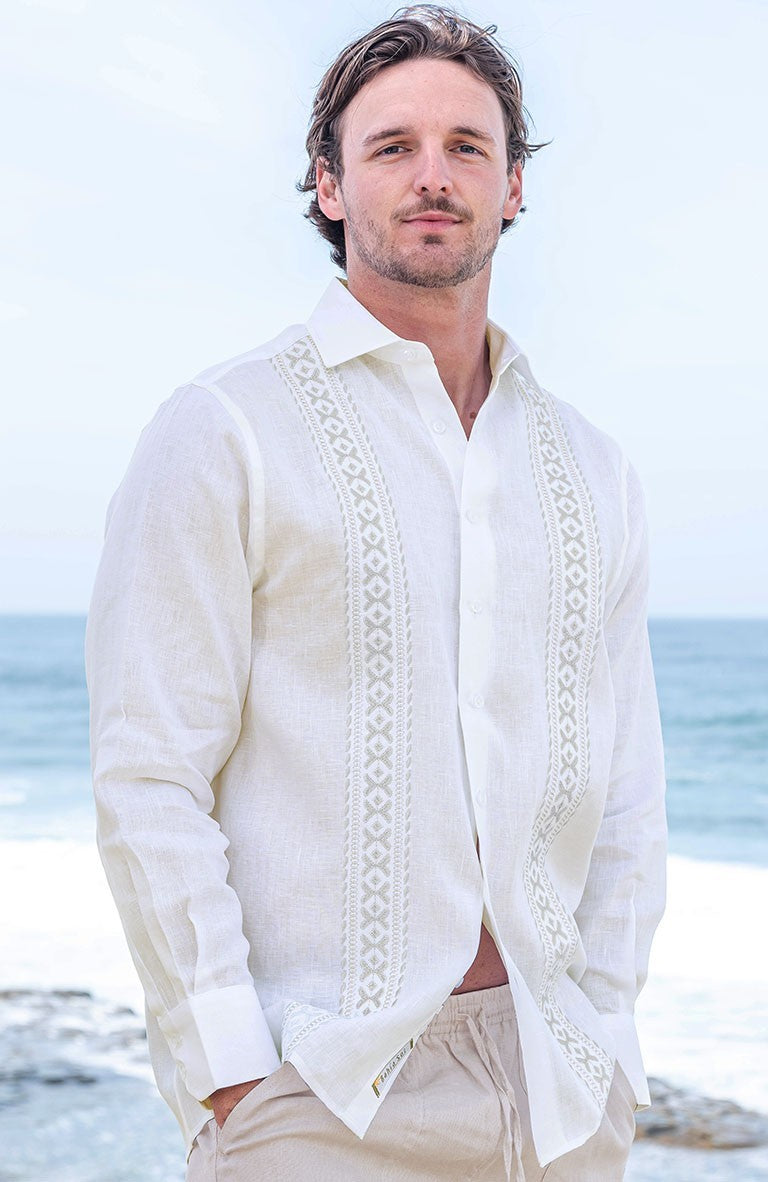 Butterfly Linen Wedding Shirt Bone/Silver Gray Embroidery, Natural Velero Pants