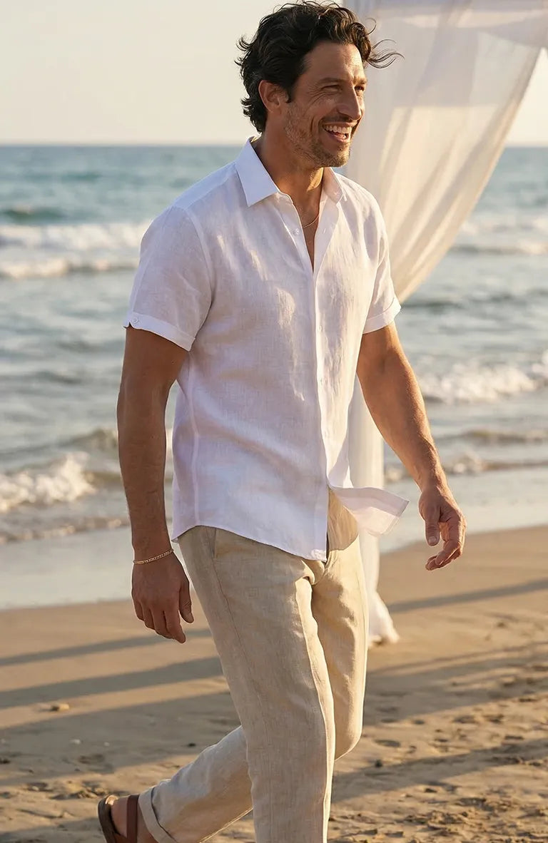 Bradford Men's Bone / Ivory Linen Short Sleeve Shirt with Light Sand Pants