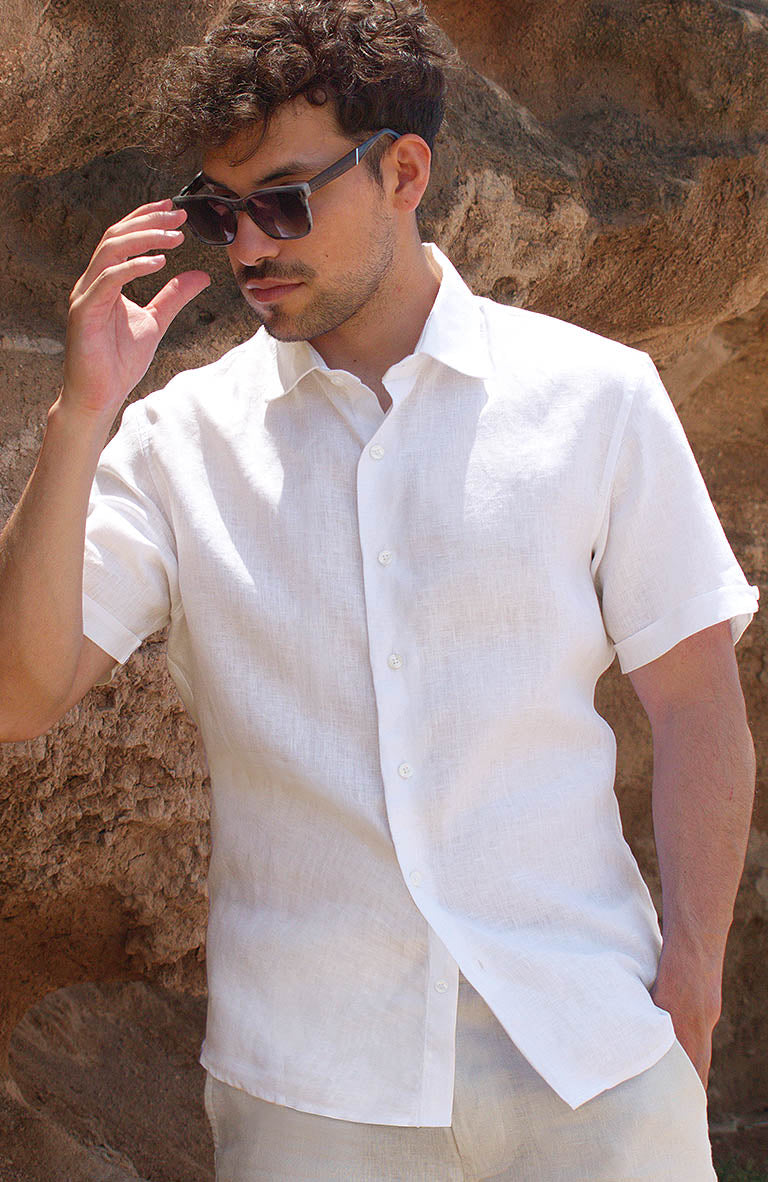 Bradford Men's Bone / Ivory Linen Short Sleeve Shirt with Natural Verona Pants