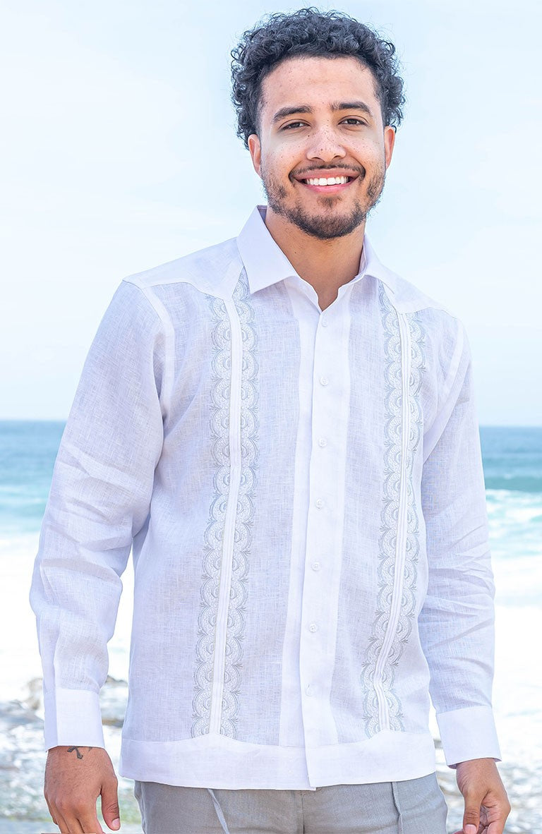 Colima Linen Wedding Guayabera Shirt White w/Silver Gray Embroidery, Steel Gray Velero Pants