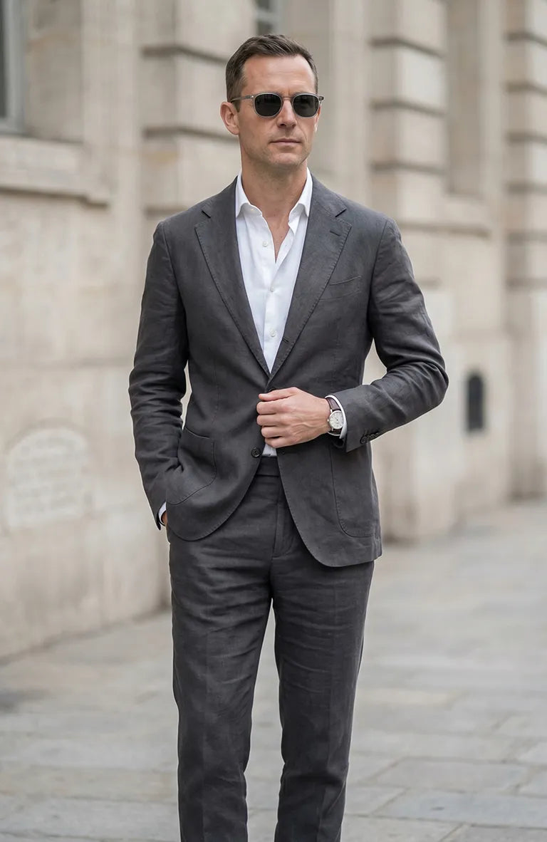 Charcoal Monte Carlo Linen Suit Jacket, Dark Gray / Charcoal Verona Pants 