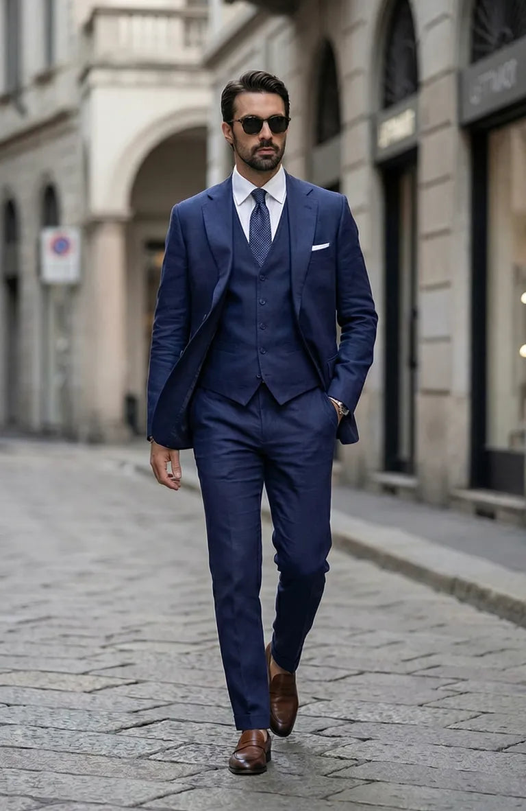 Monte Carlo Lightweight Linen Suit Soft Navy white  Bradford shirt